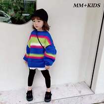 Korean childrens clothing custom spring and autumn childrens parent-child rainbow color matching striped round neck loose sweater sweater