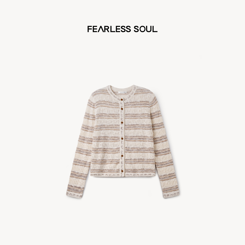 Taffa Tang Fa Fa Early Autumn New Product Linen-Cotton Blend Gentle Retro Casual Versatile Striped Knit Cardigan for Women