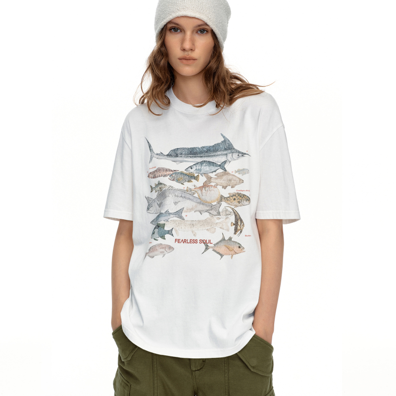 Taffa Tang Fa Fa Early Autumn New Product [Many Fish] Meaningful Exclusive Marine Fish Species Illustrated Print T-Shirt for Women