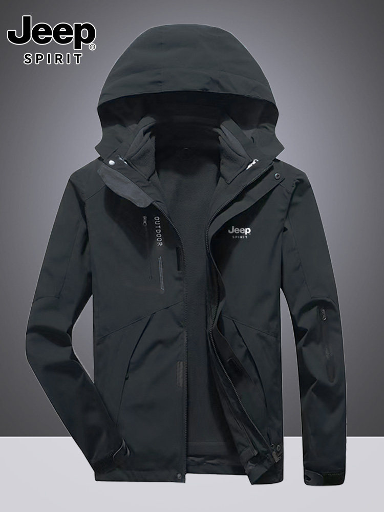 Jeep Men's Three-In-One Detachable Windproof Jacket with Fleece Lining and Thickened Windproof Outerwear for Outdoor Hiking