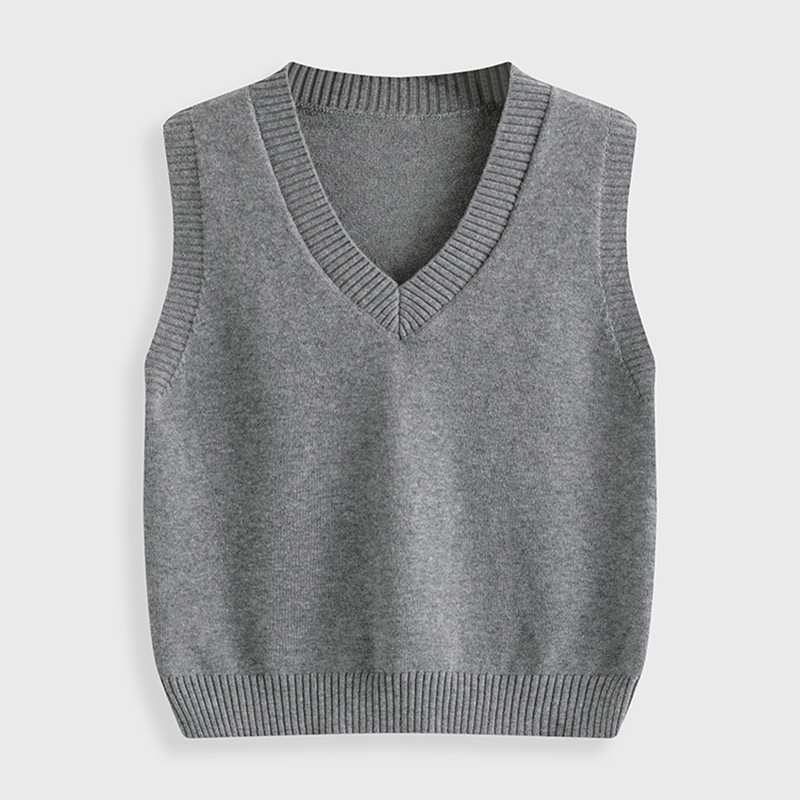 Minimalist Campus Style V-Neck Knitted Vest for Men and Women, Gray Versatile Sleeveless Pure Cotton Solid Color Sweater Vest