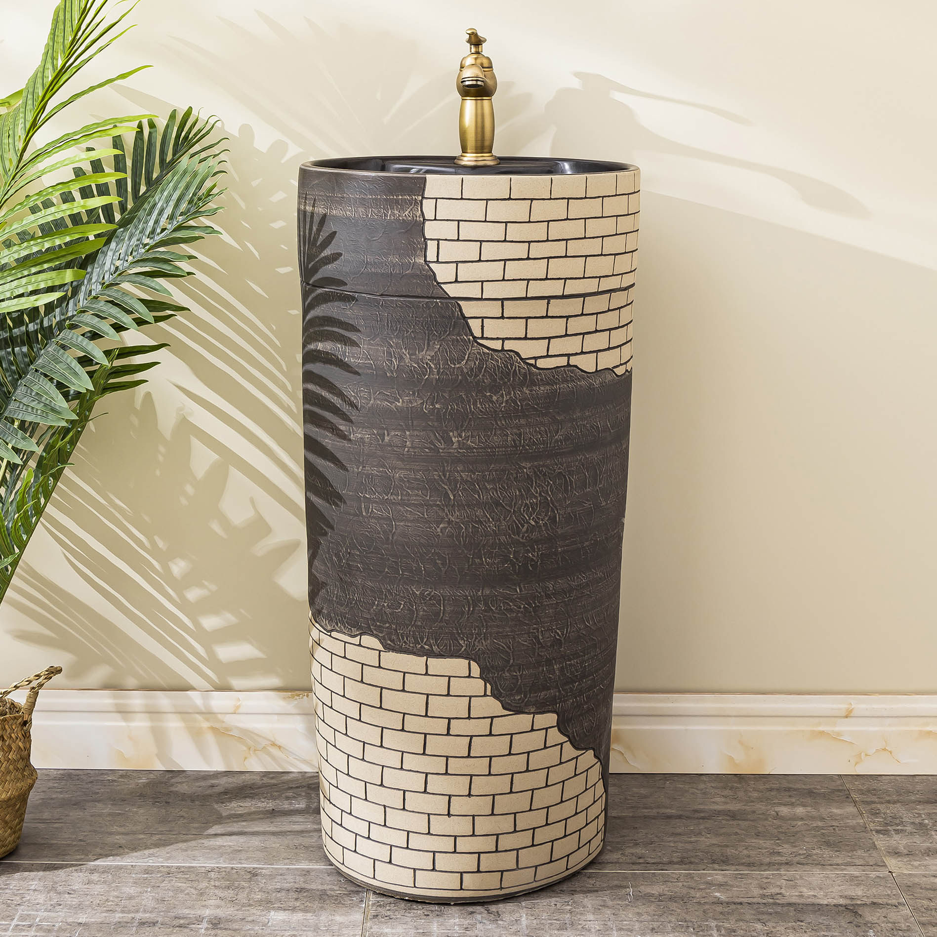 Ceramic integrated column wash basin Home bathroom washbasin outdoor courtyard basin floor standing column basin