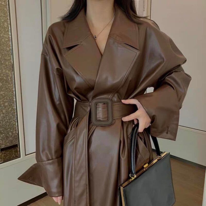 Brown Leather Jacket for Women, Autumn 2026, Korean Style, Loose Design, Biker Jacket, Mid-Length Windbreaker Coat Brown Leather Jacket for Women, Autumn 2026, Korean Style, Loose Design, Biker Jacket, Mid-Length Windbreaker Coat
