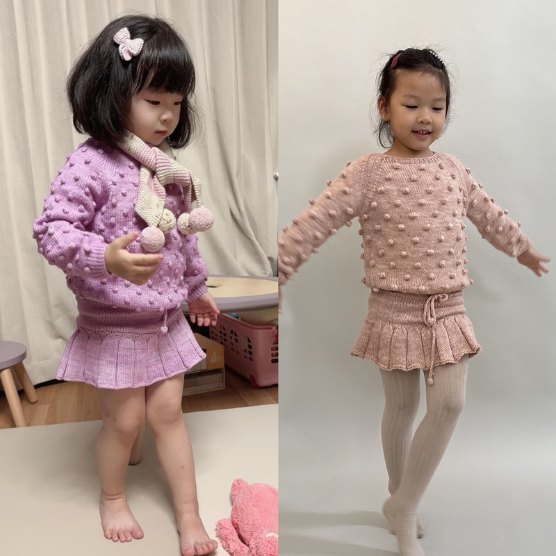 ins Autumn and Winter Mp Same Style Nordic Girls' Popcorn Sweater Baby Pom-Pom Wool Pullover Knitted Skirt Pants