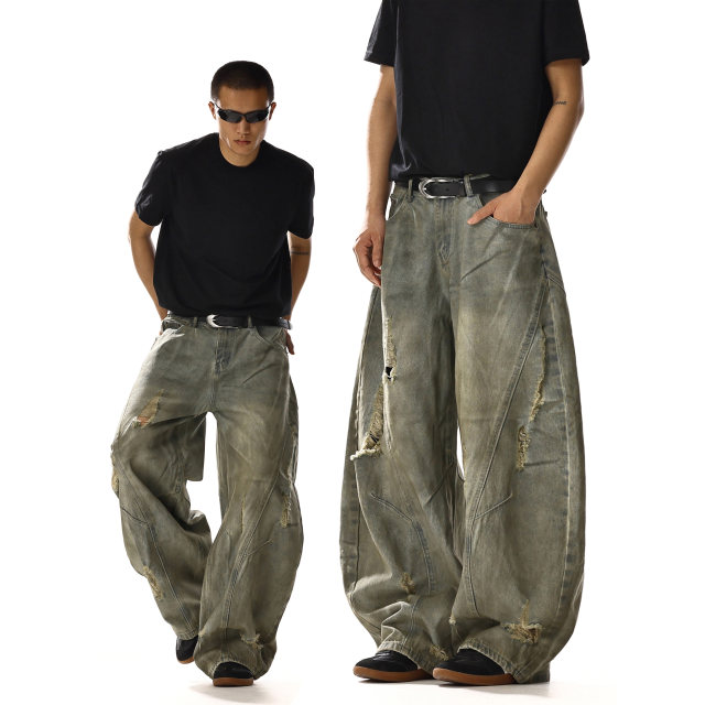 American retro washed distressed ripped jeans for men and women