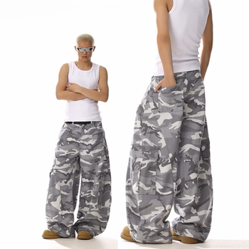 American Retro High Street Gray and White Camouflage Cargo Pants Unisex Trendy Loose Versatile Straight Wide-Leg Scimitar Pants