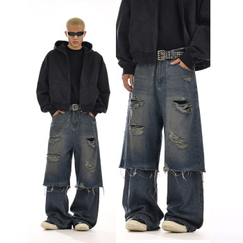 American Retro Deconstructed Faux Two-Piece Jeans with a Unique Design, Distressed Patchwork, Straight-Leg, Loose-Fitting, Wide-Leg Casual Pants