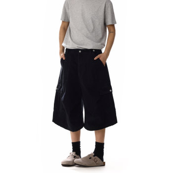 American Retro Pleated Multi-Flap Pocket Pants Black Denim Shorts for Men and Women, Versatile Loose Slimming Look Overalls Shorts, Cropped Pants