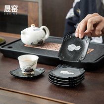 Home Kiln Black Pottery Tea Cup Mat Chinese Style Retro Ceramic Cup Cushion Home Square Heat Insulation Tea Cup Totea Tea Road Accessories