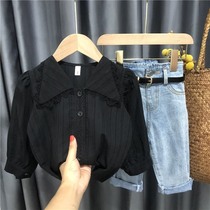 Girl Spring Clothing Suit 2022 New Spring Net Red Children Long Sleeve Shirt Foreign Air Baby Jeans Two Sets