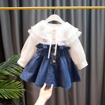 Girls spring clothing online red suit 2022 spring new baby foreign air lining childrens denim harness dress Two sets