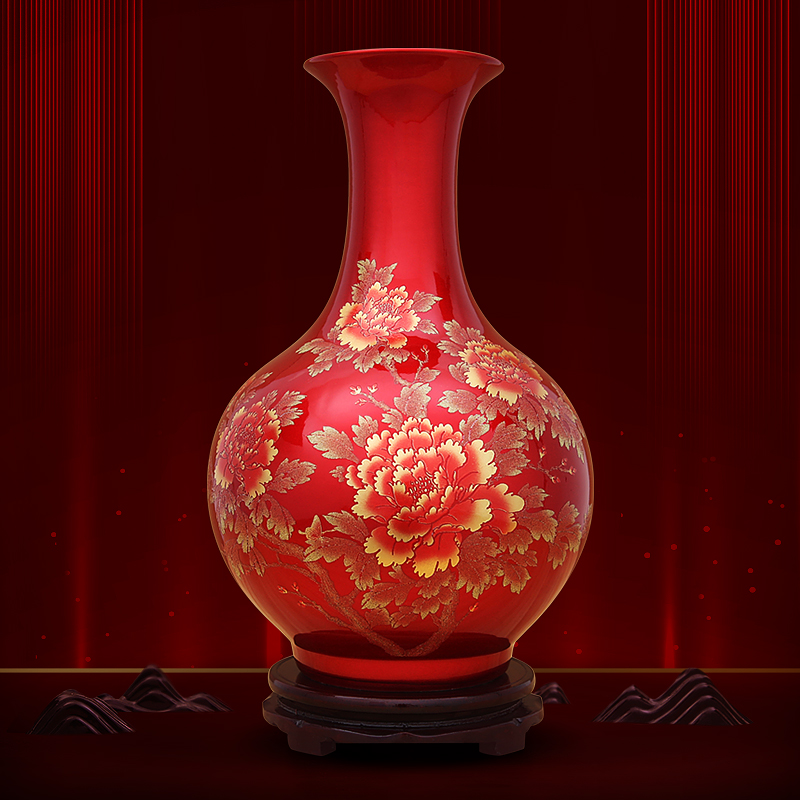 Jingdezhen ceramics glaze crystal vase furnishing articles China red sitting room of Chinese style household flower arranging wedding decoration