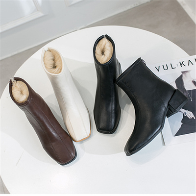 方头粗跟短靴女秋冬加绒2019新款瘦瘦靴