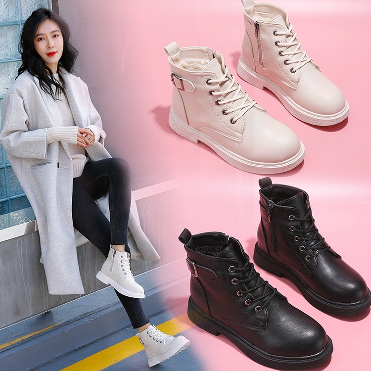 汉者马丁靴女潮2019新款秋冬季英伦风短靴白色机车靴子学生雪地靴