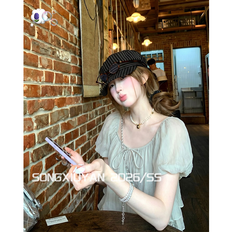 Song Xiuyan Seniors Korean Style Girl's Mint Green Ruffled Puff Sleeve Shirt Age-Reducing Tie-Up Short Top Song Xiuyan Seniors Korean Style Girl's Mint Green Ruffled Puff Sleeve Shirt Age-Reducing Tie-Up Short Top
