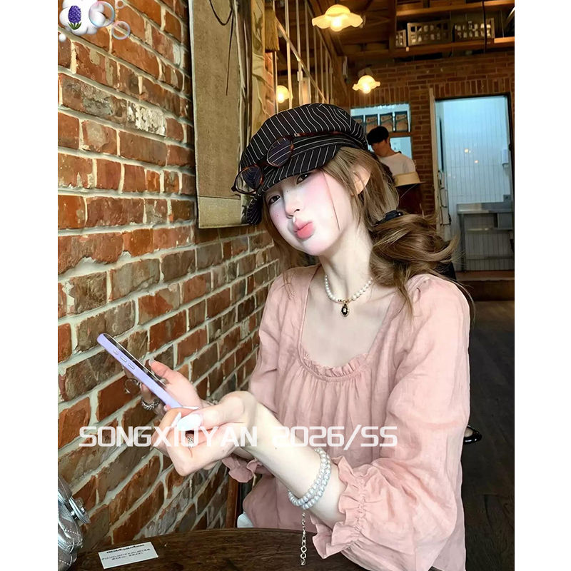 Song Xiuyan Seniors Korean Style Girly Pink Round Neck Three-Quarter Sleeve Shirt Loose and Relaxed Sun Protection Top