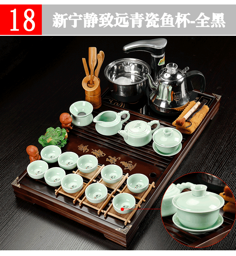 Back on solid wood tea tray was four unity of household ceramic kung fu tea set of a complete set of automatic tea set