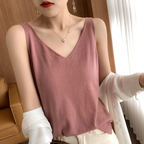 Thin knitted sling female 100% pure wool 2021 spring new vneck short slim inboard vest