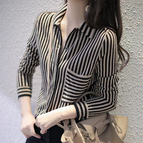 Wool Knitted Cardigan Women 2021 Spring New POLO Collar Korean Loose Striped Shirt base shirt