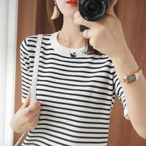 Colour Strips Round Collar Ice Silk Linen Knit Short Sleeve T-shirt Woman 2021 Summer New Short minimalist lap half sleeve
