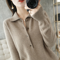 POLO collar knitwear women 100% pure wool 2021 spring new solid color simple pullover sweater short bottoming