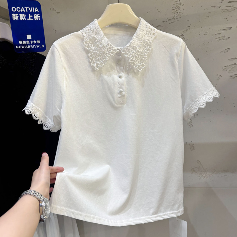 High-End European-Style Heavy Lace Beaded Polo Short-Sleeve T-Shirt for Women 026 New Spring/Summer Korean Style Slimming Top