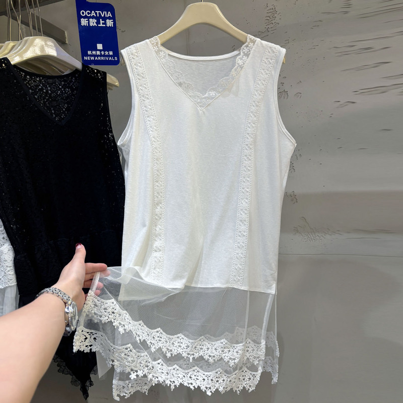High-End European Style Mid-Length Lace Trim Split V-Neck Tank Top T-Shirt for Women, New Slim-Fit Top for Spring/Summer 2026