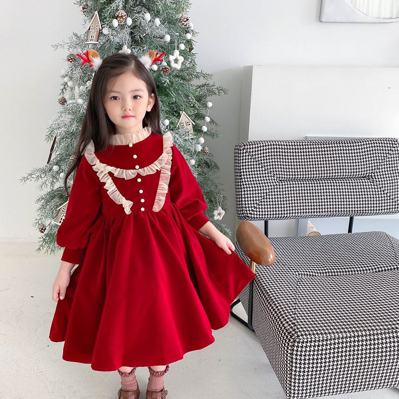 Autumn Winter new children Long sleeves Ocean Dress Girl Red Foreign Pie Birthday Christmas Velvet Pompeo Princess Dress