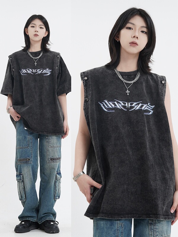 Summer American Retro Design 280g Detachable Heavy-Duty Washed Short-Sleeve T-Shirt Unisex Sleeveless Loose Fit