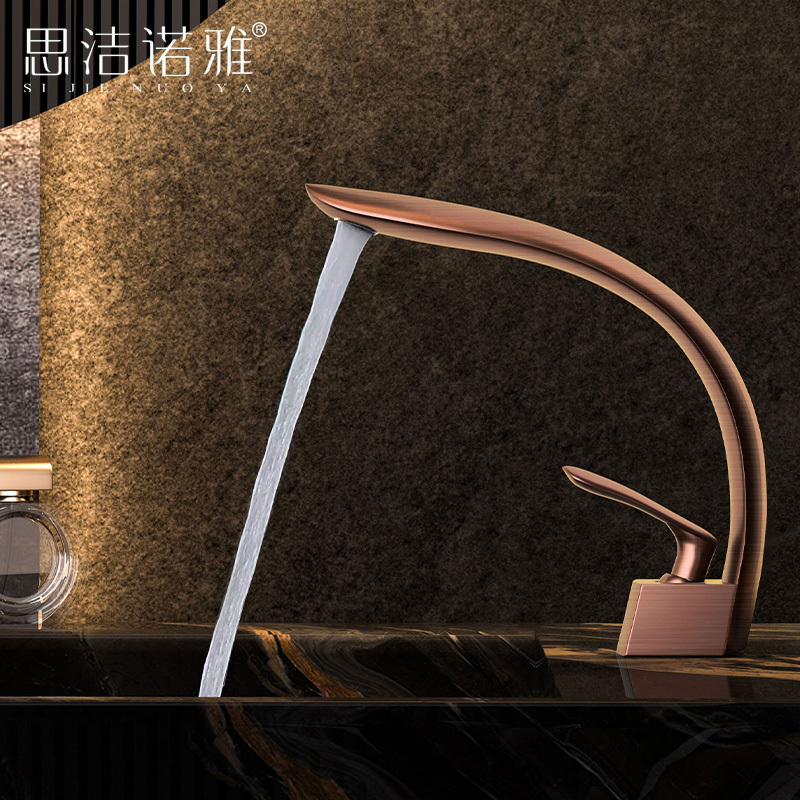 Italian-Style All-Copper Brushed Rose Gold Basin Faucet for Hot and Cold Water, Bathroom Sink Faucet, Bathroom Cabinet Faucet