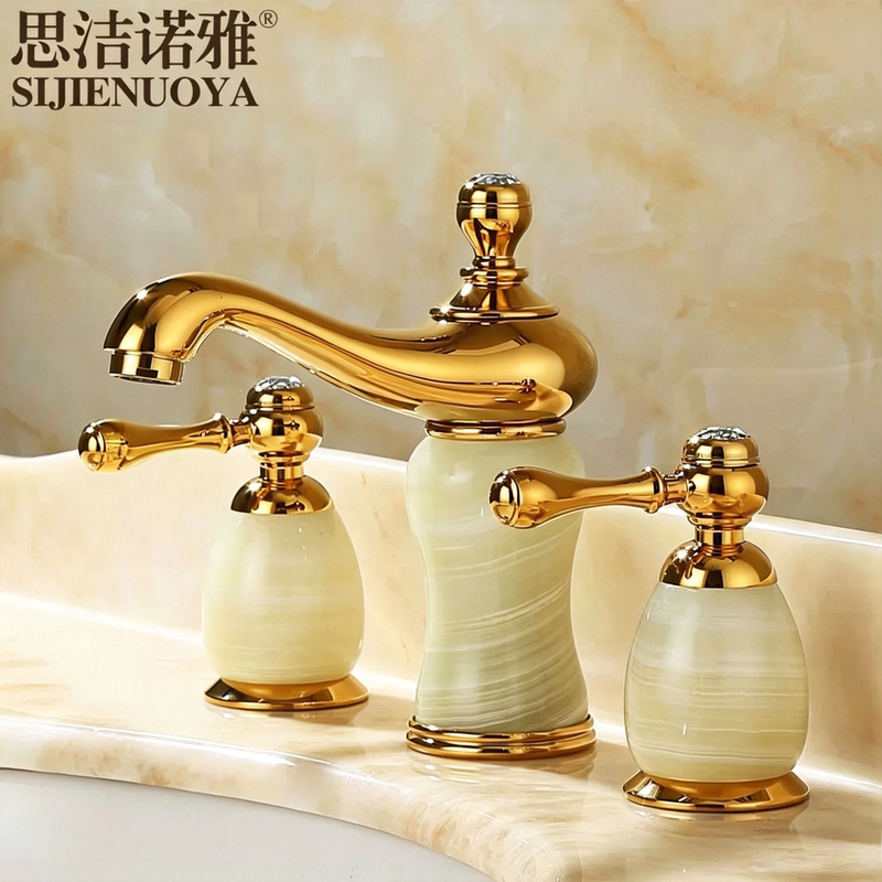 Sijie Noya European-Style Brass Natural Jade Three-Hole Basin Hot and Cold Faucet Marble Gold Rose Faucet