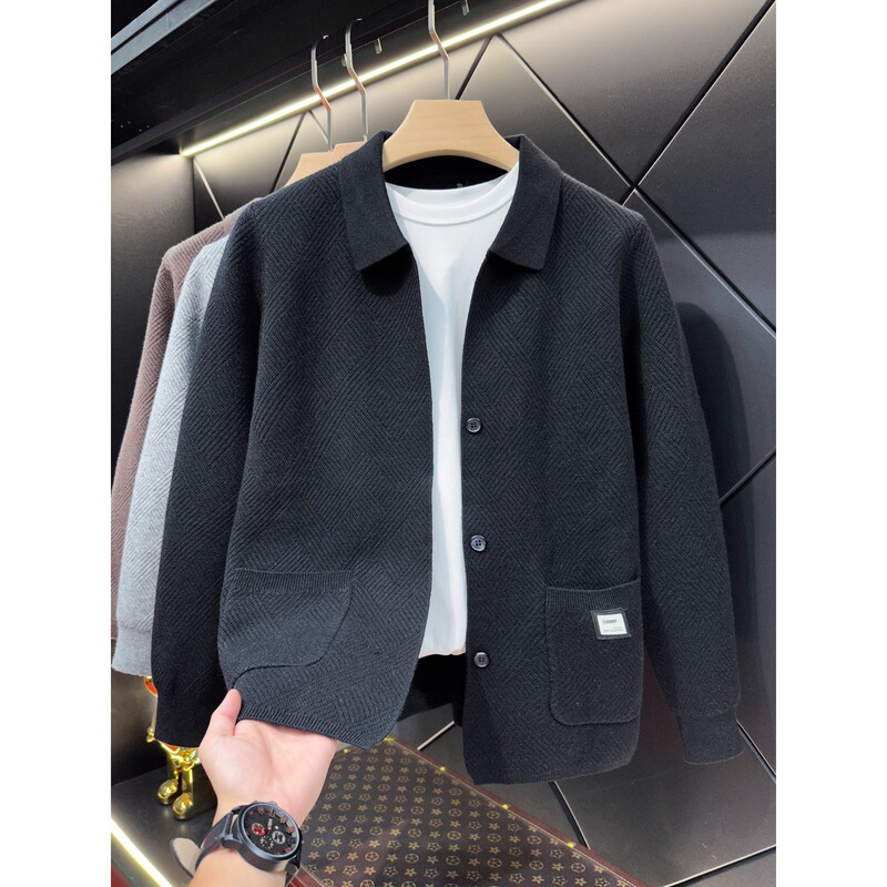 2025 Autumn and Winter New Cardigan Sweater for Young Men, Turn-Down Collar Knitwear, Casual Diamond Jacquard Casual Top