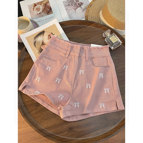 法式甜美弹力提臀显瘦热裤潮2024夏季新款刺绣蝴蝶结牛仔短裤女