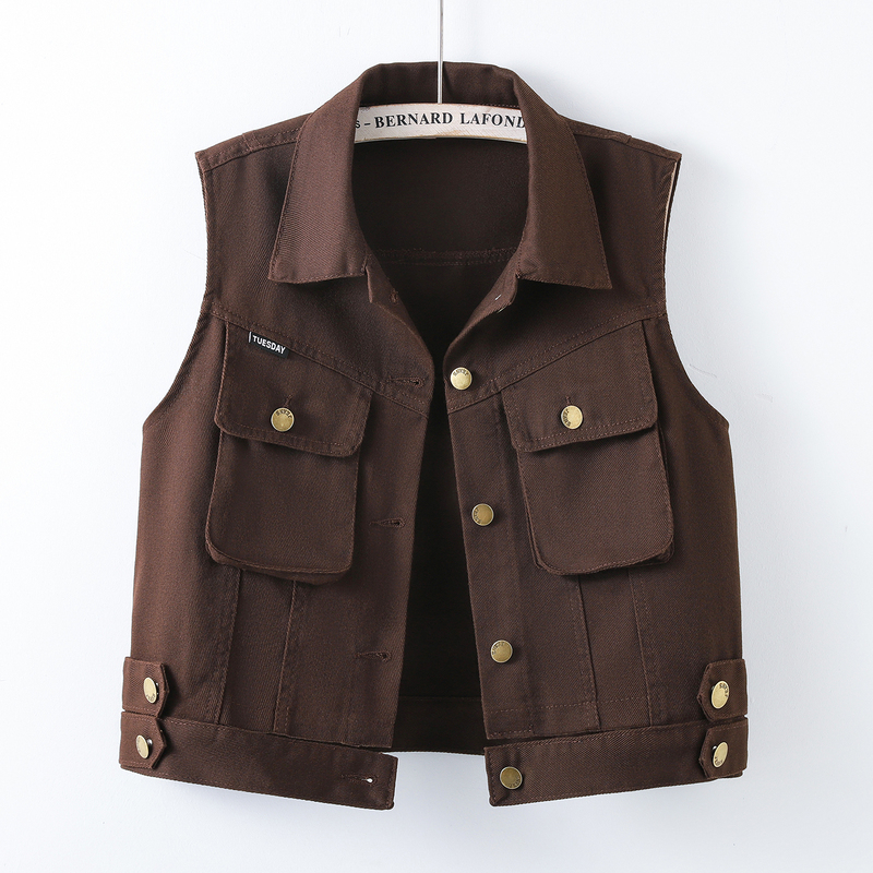 Retro Brown Workwear Style Vest for Women, Spring and Autum New Style Lapel Sleeveless Jacket, Slim and Versatile Waistcoat Vest