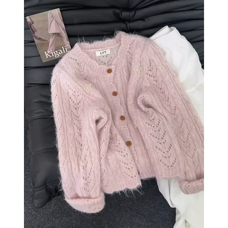 French-Style Gentle Pink Hollow-Out Twist-Knit Cardigan for Women, Soft and Lazy Style Outerwear Sweater for Spring and Autumn