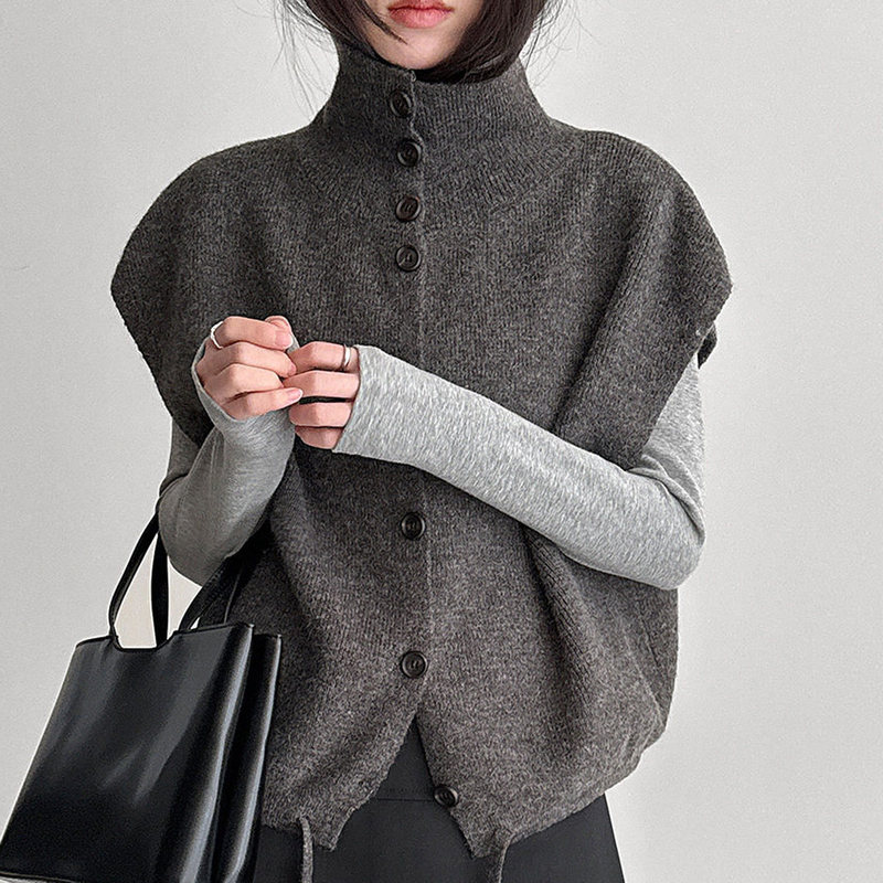 Knitted Sweater Vest for Women, Spring and Autumn, Korean Style, High Collar, Drawstring, Inner or Outer Wear, Waist-Cinching, Layered Sweater, Sleeveless Vest