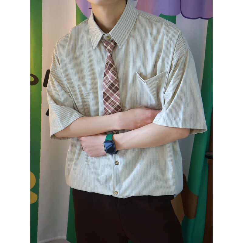 Yinkesen Summer American Retro Striped Tie Short-Sleeved Shirt Unisex Loose Tie Two-Piece Shirt Set