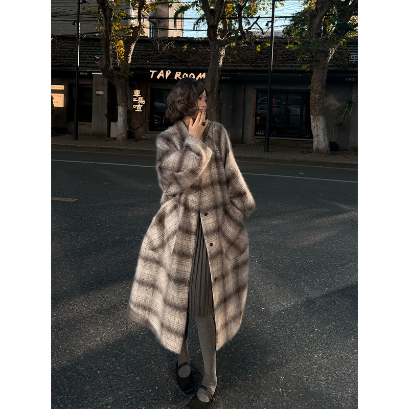 Yolo Yolu's Heroine's New Chinese-Style Autumn and Winter Merino Wool + Cashmere Peruvian Plaid Brushed Oversized Coat