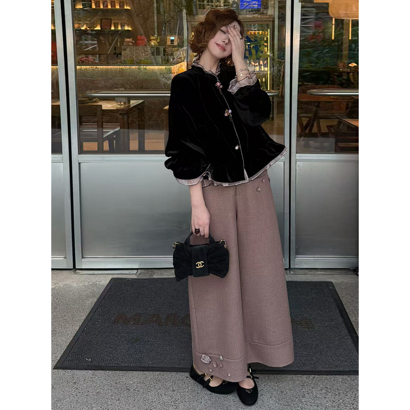 Yolo Youlu•Qiugui New Chinese Style Autumn Wool Original Fine Woolen Handmade Embroidered Nine-Point Wide-Leg Pants Trousers Yolo Youlu•Qiugui New Chinese Style Autumn Wool Original Fine Woolen Handmade Embroidered Nine-Point Wide-Leg Pants Trousers
