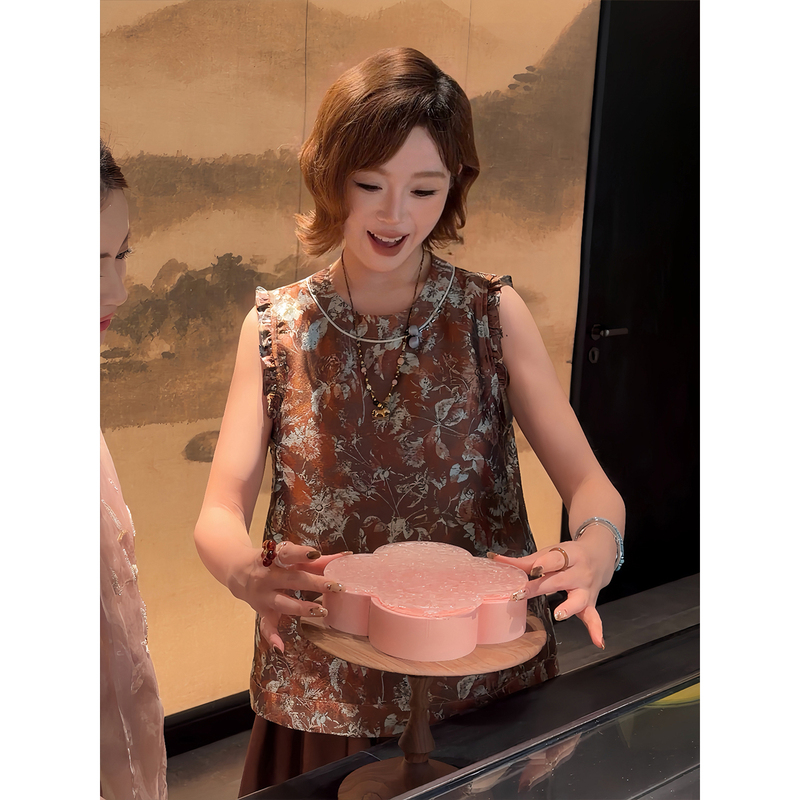 Yolo Youlu Jingshan New Chinese Style Summer Lyocell Original Yarn-Dyed Embossed Texture Bow Embroidery Vest for Women