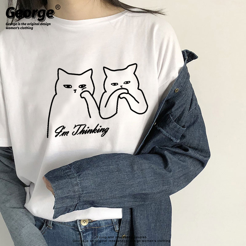 Creative and Fun Thinking about Cat Behavior Short-Sleeve T-Shirt, Loose Summer Casual Internet-Famous Half-Sleeve Cotton