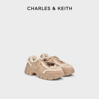 Charles&Keith25 Winter New Model Sl1-71960003-1 Thick-Soled Plush Lace-Up Sneakers Dad Shoes