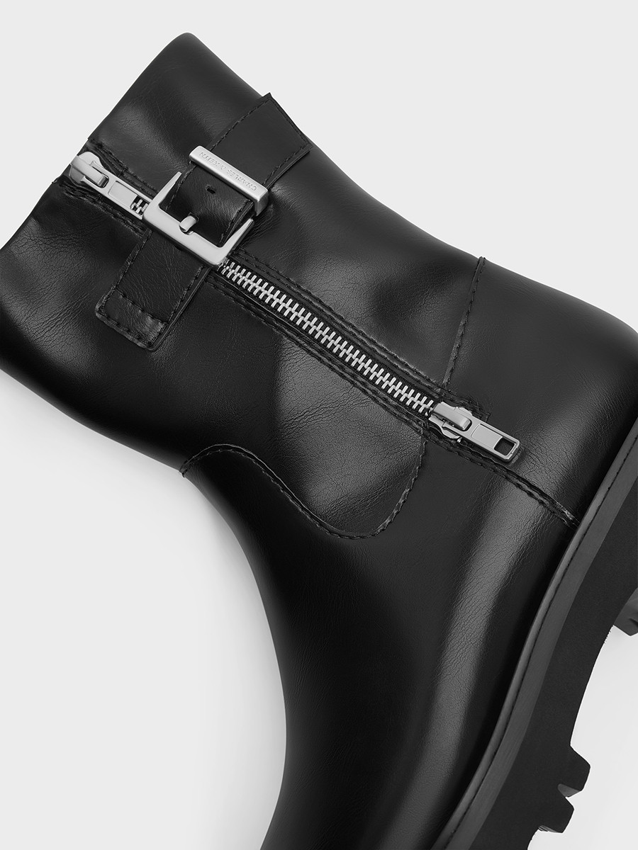 Charles&Keith25 New Autumn Collection Ck1-90920160 Round Toe Thick-Soled Zipper Belt Buckle Motorcycle Short Boots