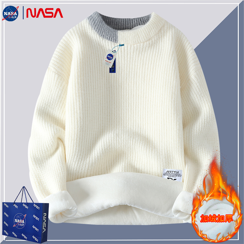 Nasa Co-Branded Sweater for Men and Women, Fleece-Lined and Thickened Knitwear, Autumn and Winter Round-Neck Loose Wool Sweater, Japanese Style Jacket