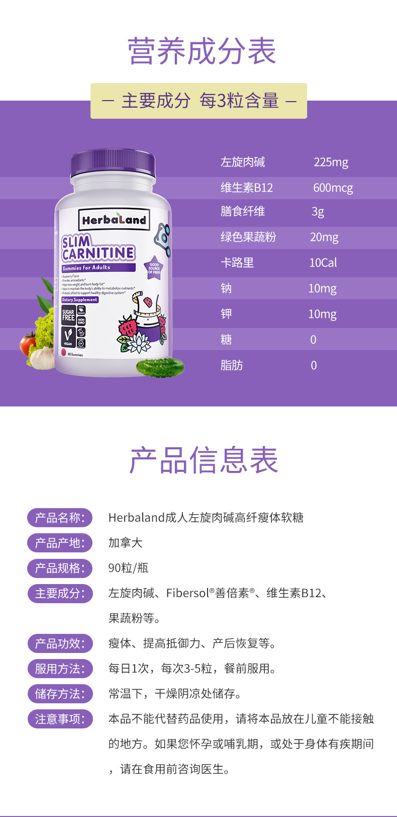 疑似bug价 加拿大进口 Herbaland 成人左旋肉碱高纤软糖 90粒 图8