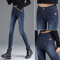 Spring new Korean version of high-elastic high waist denim ankle-length pants womens small feet trousers tight pencil nine-point long pants