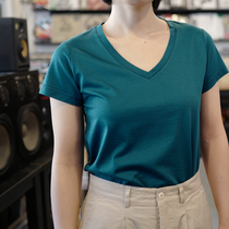 Petite game-deep lake blue BASIC V-collar thin tee