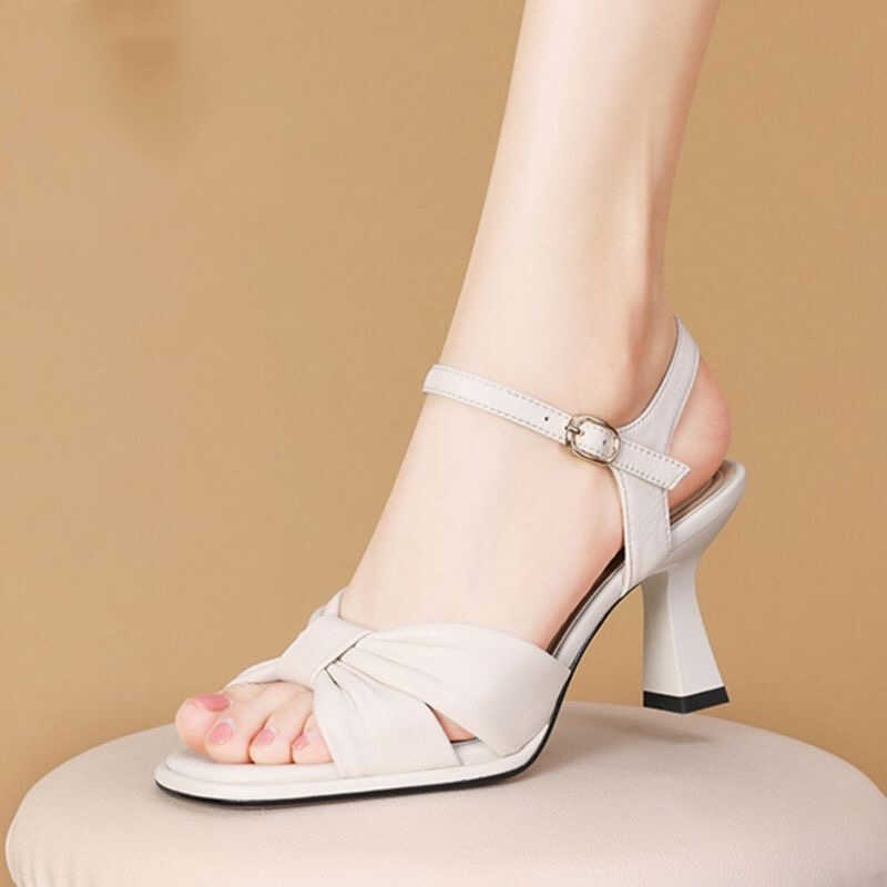 Elegant and Luxurious Genuine Leather Open-Toe High-Heeled Sandals for Women, Chunky Heel, 2024 Summer New Fashion Versatile Single Strap Women's Shoes