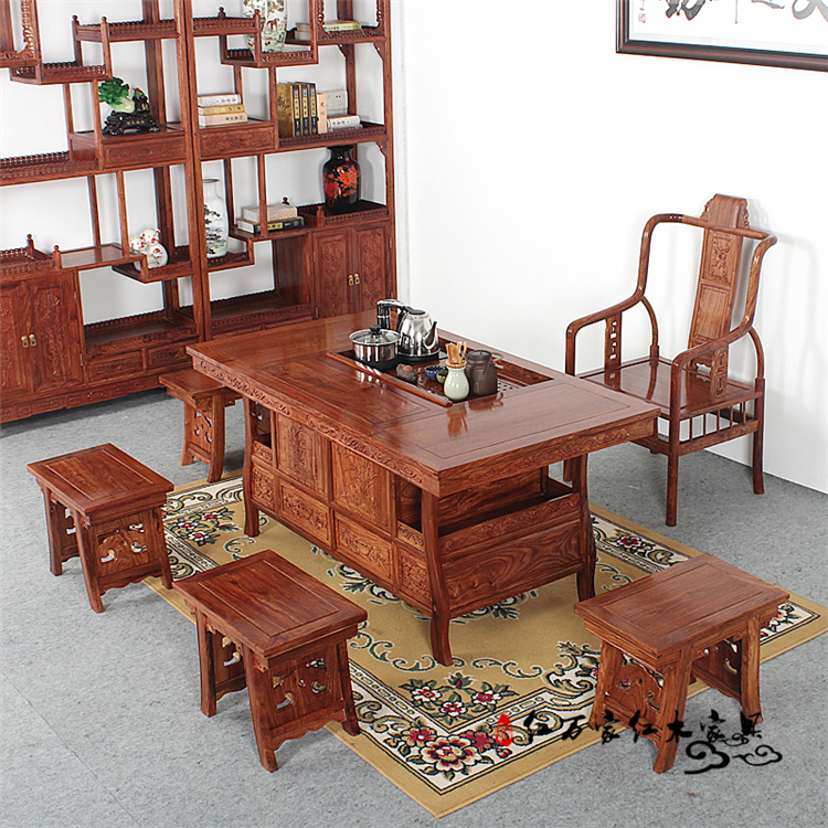 Mahogany tea table and chair combination home tea table set hedgehog red sandalwood office reception Kung Fu tea table solid wood Chinese style