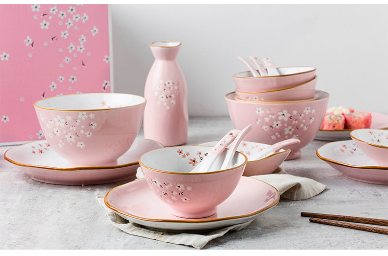 Inscription creative Japanese under pink cherry blossoms hand - made glaze ceramic tableware household festival gift set